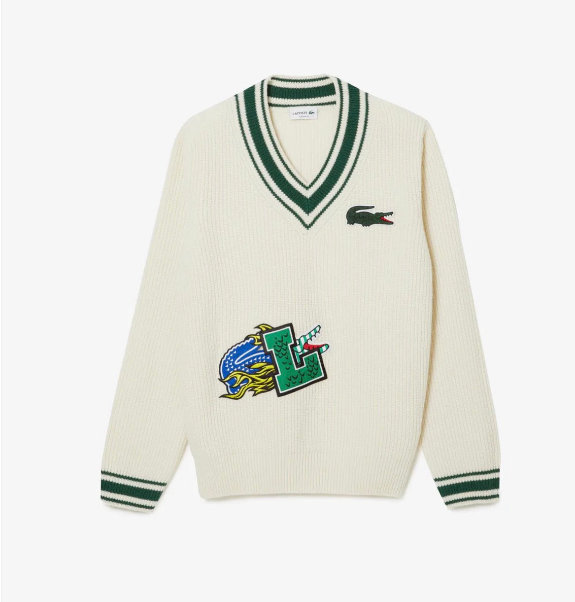 Lacoste Men's Comic Badge Striped V-Neck Sweater