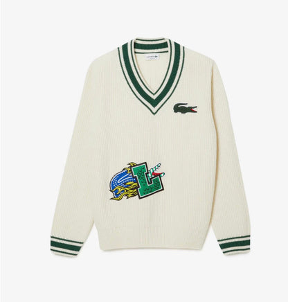 Lacoste Men's Comic Badge Striped V-Neck Sweater
