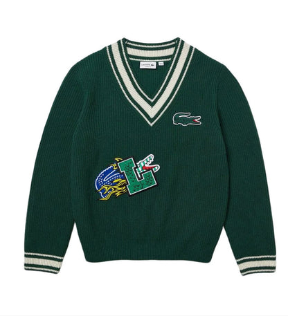 Lacoste Men's Comic Badge Striped V-Neck Sweater