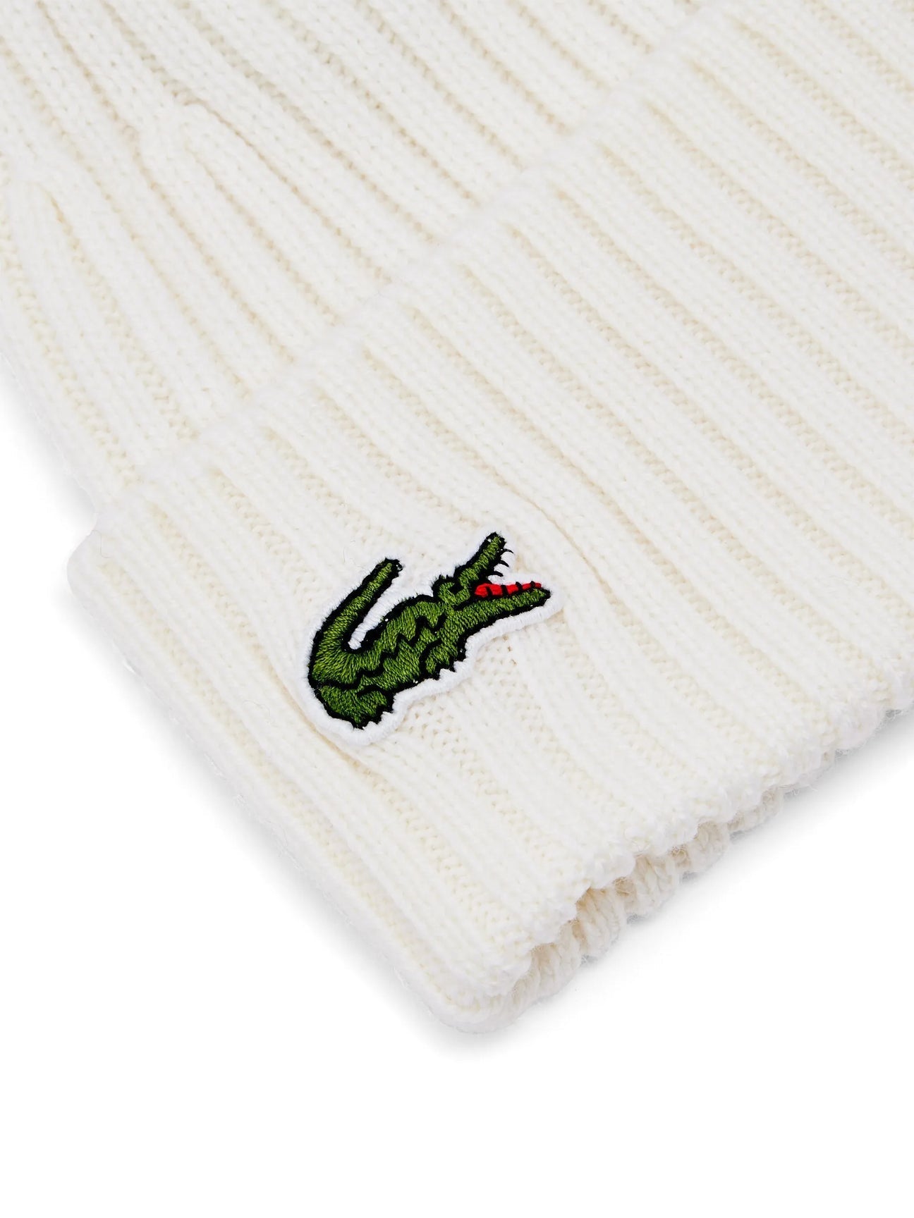 LACOSTE UNISEX RIBBED LOGO BEANIE WHITE